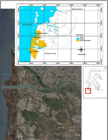 Gambar 4.  Peta lokasi penelitian di kawasan pantai Kota Makassar (Sumber: peta administrasi Kota Makassar skala 1:40.000; Google Earth) 