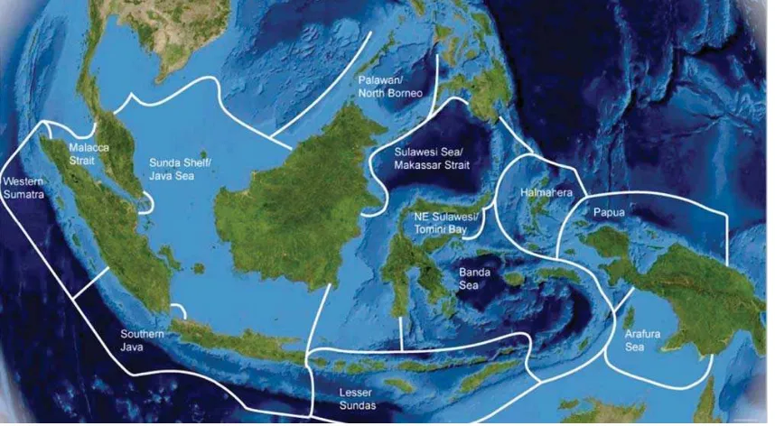 Gambar 1. Peta menunjukkan ke 12 ekoregion laut Indonesia seperti yang telah ditetapkan dalam skemaklasifikasi Ekoregion Laut Dunia, digambar ulang dari Spalding dkk