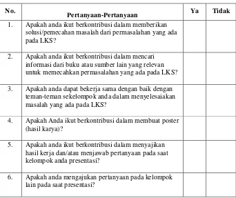 Tabel 5.  Angket keterlibatan siswa dalam proses pembelajaran  PBL 