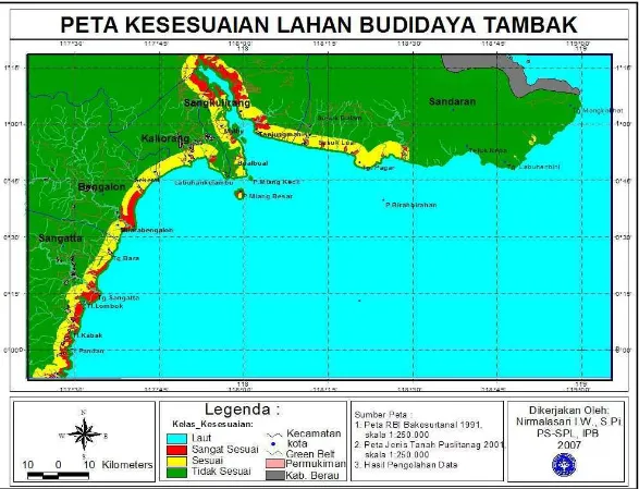 Gambar 5. Peta Kesesuaian Lahan Budidaya Tambak di Wilayah Pesisir Kabupaten Kutai Timur 