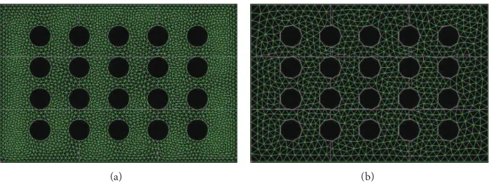 Figure 3: Examples of the Finite Element model of the perforations with diferent mesh size represented by the global edge length (GEL): (a)GEL = 3 mm and (b) GEL = 10 mm.