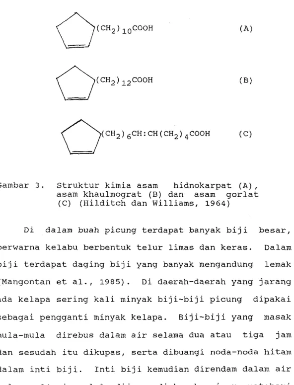 Gambar  3.  Struktur kimia asam  hidnokarpat  (A),  asam khaulmograt (B) dan  asam  gorlat 