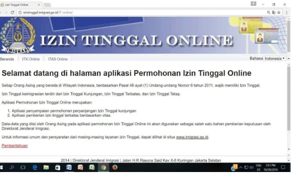 Figure 6: Website of Immigration Head Quarters for inputing data of  KITAS On Line: http://izintinggal.imigrasi.go.id/IT-online/