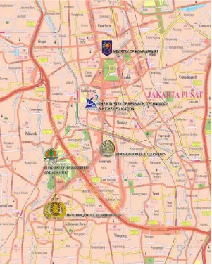 Figure 7: Map of Jakarta, showing only some the oices related to research permit
