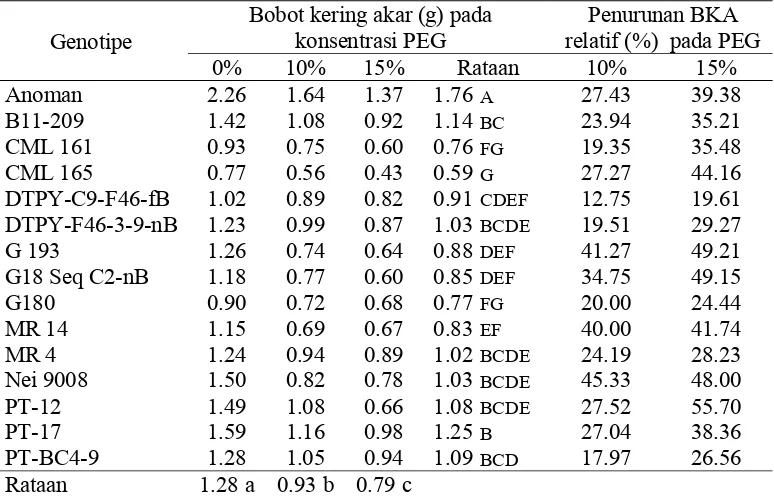 Tabel 23 Pengaruh simulasi cekaman kekeringan dengan penyiraman PEG ke dalam media tanam terhadap bobot kering akar yang diukur 30 hari setelah perlakuan 