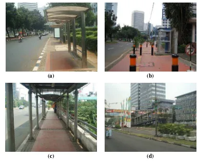 Gambar 6  Elemen-elemen penyusun jalan (street furniture): (a) halte; (b) telepon umum; (c) shelter; (d) jembatan penyeberangan