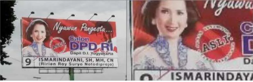 Gambar 3. Iklan politik Ismarindayani (istri Roy Suryo) yang mirip dengan iklan Roy Suryo, ada visual �Jogja )stimewa Asli Tanpa Rekayasa�