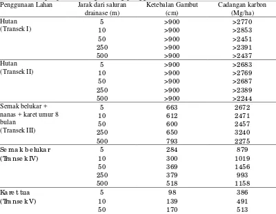 Tabel 4 Ketebalan gambut dan cadangan karbon di setiap titik pengambilan sampel pada masing-masing penggunaan lahan 