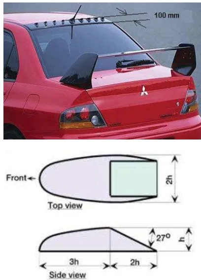 Fig. 5. Position of VG at the rear end of the roof (above) dimensions of a  bump shaped VG (below) [25]