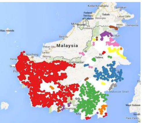 Gambar 10 Hasil clustering pada dataset hotspot pulau Kalimantan 