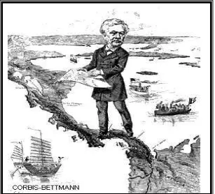 Gambar 9. Karikatur yang mengilustrasikan Ferdinand de Lesseps, seorang Amerika yang menjadi arsitek Terusan Panama sedang berdiri “mengangkangi” tanah genting Panama, Amerika Tengah