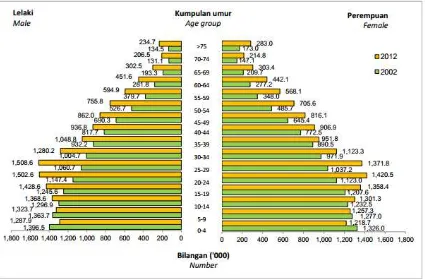 Figure 1.1: Total population by age group and sex, Malaysia, 2002 and 2012. Adapted 