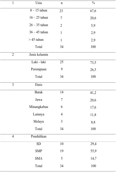 Tabel 4.1. Distribusi Subjek Penelitian Berdasarkan Usia, Jenis Kelamin, Etnis dan Pendidikan 1 Usia n % 