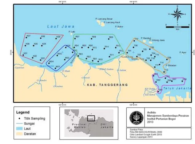 Gambar 2  Lokasi pengambilan contoh zooplankton di pesisir Kabupaten Tangerang, Banten 