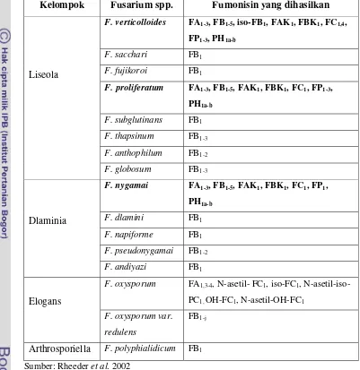 Tabel 1  Spesies Fusarium spp. penghasil fumonisin dan pengelompokannya 