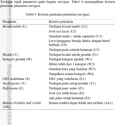 Tabel 4  Kriteria penilaian parameter navigasi 
