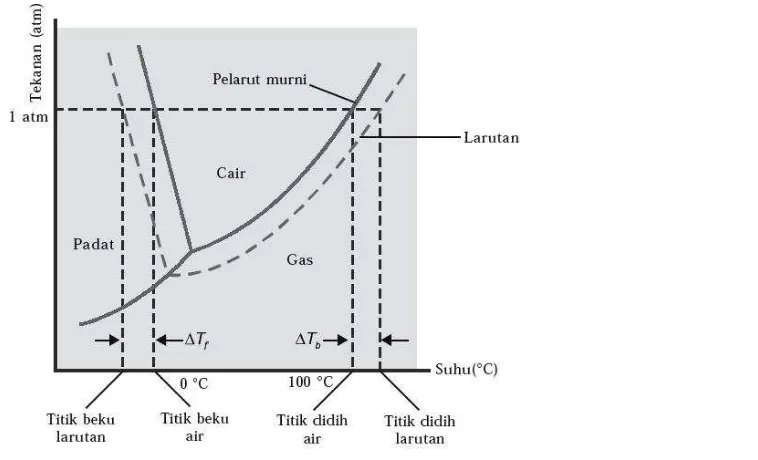 Gambar 1.3: Diagram fasa yang mengilustrasikan kenaikan titik didih dan   penurunan titik beku larutan berair 
