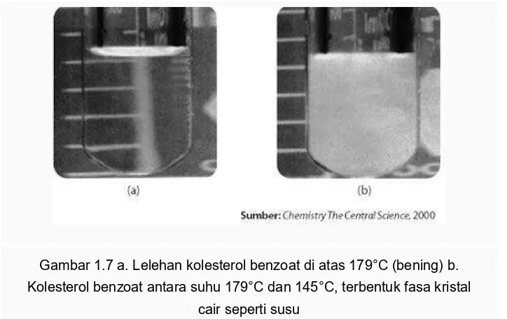Gambar 1.7 a. Lelehan kolesterol benzoat di atas 179°C (bening) b. 