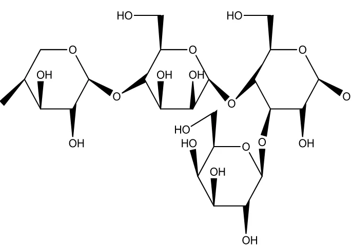 Gambar 4. Struktur senyawa hemiselulosa (-Xylosa-β(1,4)-Mannosa-β(1,4)-Glukosa-α(1,3)-Galaktosa-) 