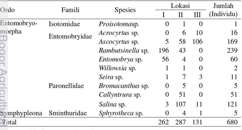 Tabel 2 Jumlah ordo, famili, dan spesies Collembola pada tiga lokasi sampling di    lahan kapur PT Semen Indonesia Tbk