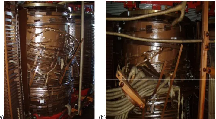 Fig. 5. Inspection inside transformer untanking process for (a) HV winding with H2H3 phase was observed to have moved downwards (Axial deformation)