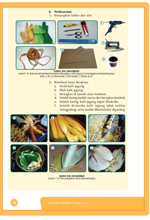 Gambar 1.38. Bahan dan alat pembuatan kerajinan kulit jagung; a) Kulit jagung, b) lem/penggaris/pensil/gunting/pisau 