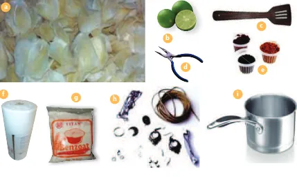 Gambar 1.24. Bahan dan alat pembuatan kerajinan dari limbah sisik ikan; a) Sisik ikan kakap, b) Jeruk, c) Sumber: Dok