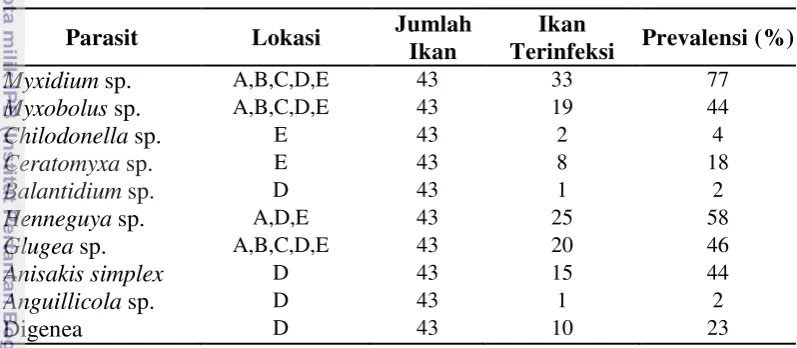 Tabel 3  Tingkat prevalensi protozoa dan cacing parasitik yang menginfeksi ikan    