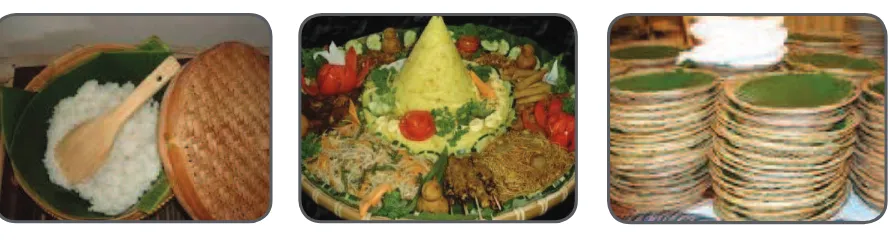 Gambar 4.34 b. Penyajian hidangan makanan dari daun: pincuk nasi rames daun pisang, nasi rames daun jati, tempe goreng dengan wadah mangkok daun pisang .