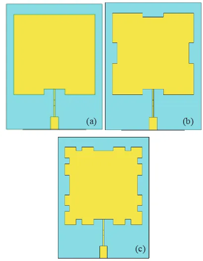 Figure 1.  Schematic diagram of Minkowski Island patch antenna with split ring resonator at the ground plane, (a) plan view, (b) ground plane view 