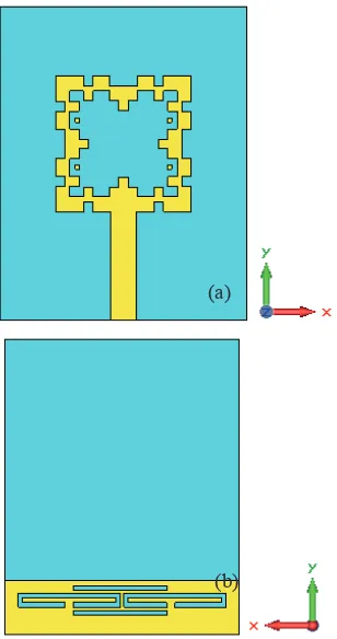 Figure 2.  Schematic diagram of Minkowski Island patch antenna with split ring resonator at the ground plane, (a) plan view, (b) ground plane view 