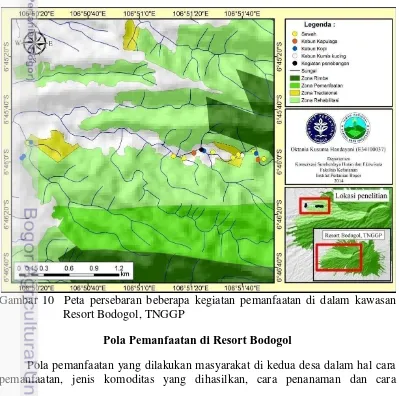 Gambar 10 merupakan peta persebaran kegiatan masyarakat di kedua desa yang dilakukan di dalam kawasan taman nasional