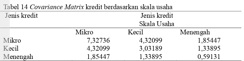 Tabel 14 Covariance Matrix kredit berdasarkan skala usaha 