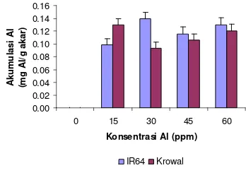 Gambar 4 Akumulasi Al akar padi varietas  IR 64 dan Krowal pada berbagai konsentrasi Al
