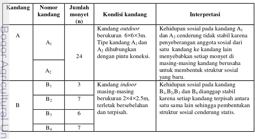 Tabel 1    Nomor kandang, jumlah monyet, kondisi kandang, dan interpretasi 