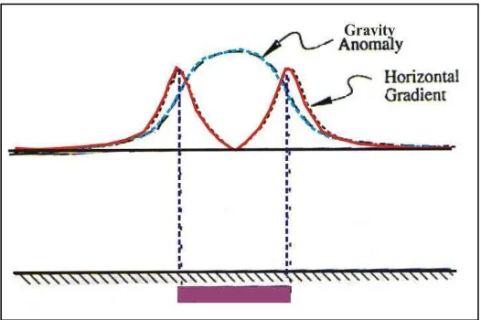 Gambar 10. Anomali gayaberat dan gradien horisontal pada model tabular (Blakely, 1996) 