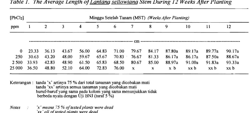 Tabel 1. Rata-Rata Panjang Tanaman Lantana sellowiana Selama 12 Minggu Setelah Tanam Table 1