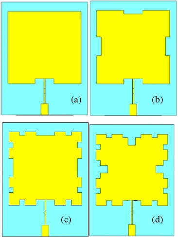 Figure 1.  Modified Minkowski patch antenna iteration stage ; (a) Zero iteration; (b) First iteration; (c) Second iteration (d) Third iteration  
