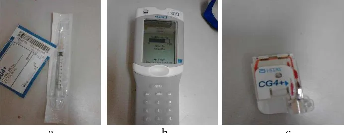 Gambar 2  Alat-alat pemeriksaan gas darah. (a) Syringe 1 ml (b) Alat Portable i-STAT (c) Catridge CG4+ 