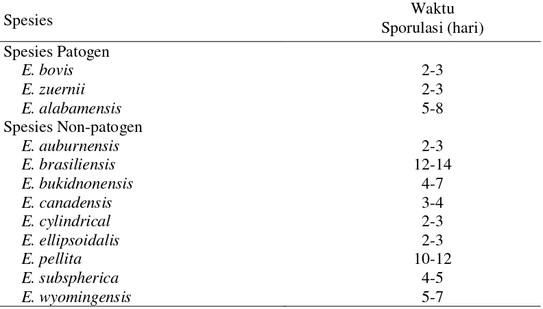 Tabel 2  Waktu sporulasi spesies Eimeria pada sapi (Levine 1995) 