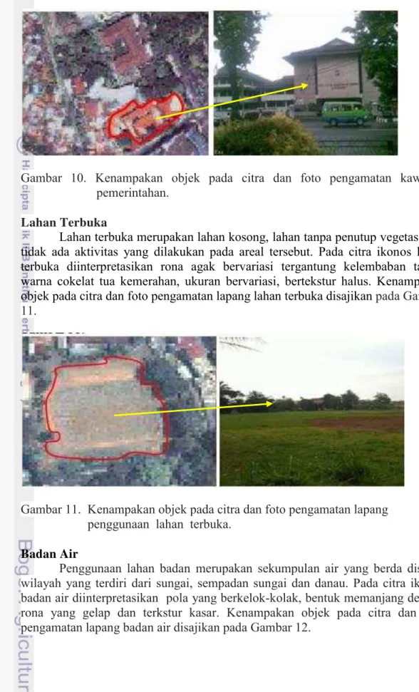 Gambar 11.  Kenampakan objek pada citra dan foto pengamatan lapang      penggunaan  lahan  terbuka