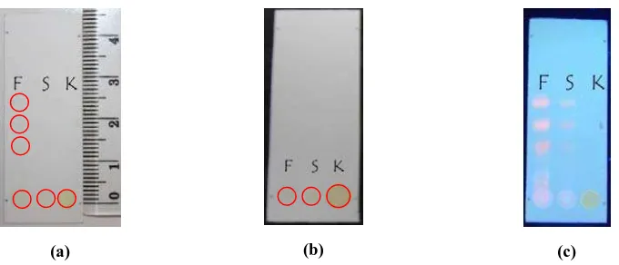 Gambar 1. Hasil kualitatif senyawa fenolat EFD (F), ESR (S) dan standar asam galat (G) setelah elusi secara visual (a), setelah elusi dengan UV 365 nm(b) dan setelah disemprot FeCldengan fase gerak heksan:etil asetat (4:1v/v) dan fase diam silika GF3 secar