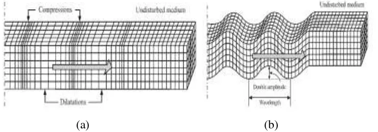 Gambar 5. (a) Ilustrasi gerak partikel gelombang primer; (b) Ilustrasi gerak 