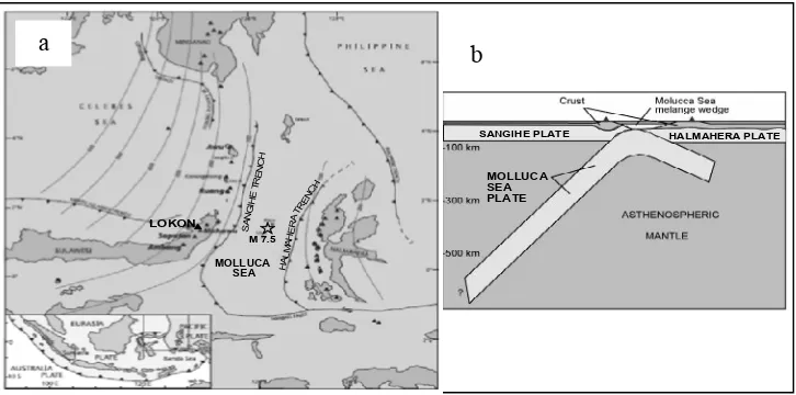 Gambar 6. Struktur tektonik zona Laut Molluca. (a) Peta tektonik area Laut Molluca. Kontur garis menunjukkan kedalaman penurunan lempeng