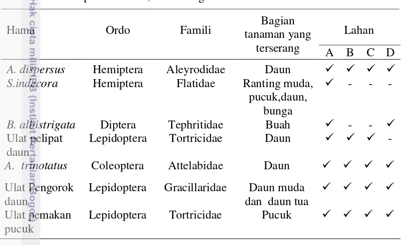 Tabel 5  Keberadaan hama di empat lahan  pertanaman jambu air di wilayah 