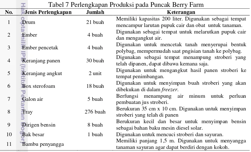 Tabel 7 Perlengkapan Produksi pada Puncak Berry Farm 