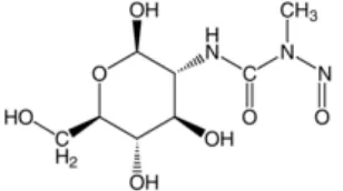 Gambar 3   Struktur kimia streptozotosin (1-methyl-1-nitroso-3-[2,4,5-trihydroxy 6-(hydroxymethyl)oxan-3-yl]-urea) (Wikipedia 2006) 