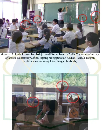 Gambar 3.  Pada Proses Pembelajaran di Kelas Peserta Didik Toyama University Affiliated Elementary School Jepang Menggunakan Aturan Tunjuk Tangan 