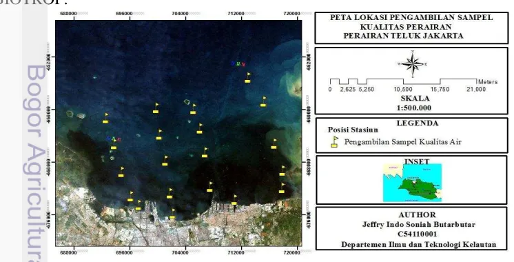 Gambar 1 Peta lokasi penelitian dan pengambilan kualitas air di perairan Teluk 