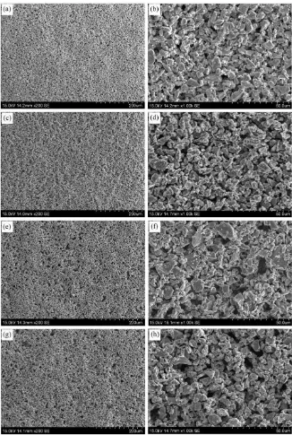 Figure 1.  SEM micrographs of the Ti deposits prepared using different charging agents